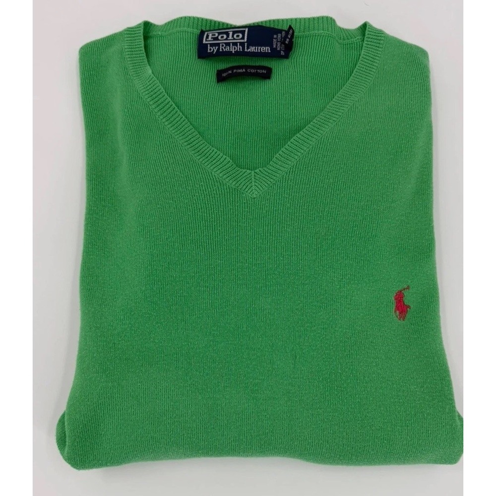 Polo Ralph Lauren Sweater Men's L Green Pima Cotton V Neck Red Pony
